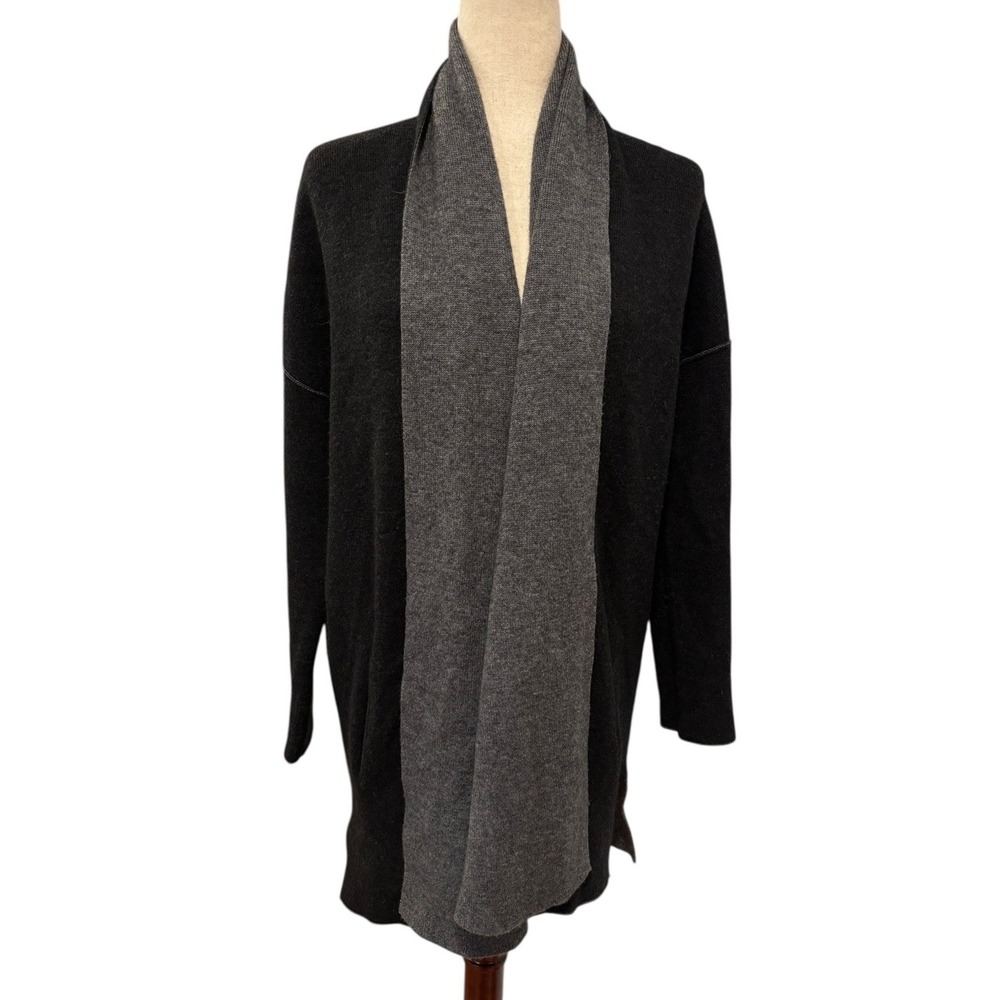 Vince 100% Cashmere Open Front Longline Cardigan Sweater Black Gray Pockets Sz S